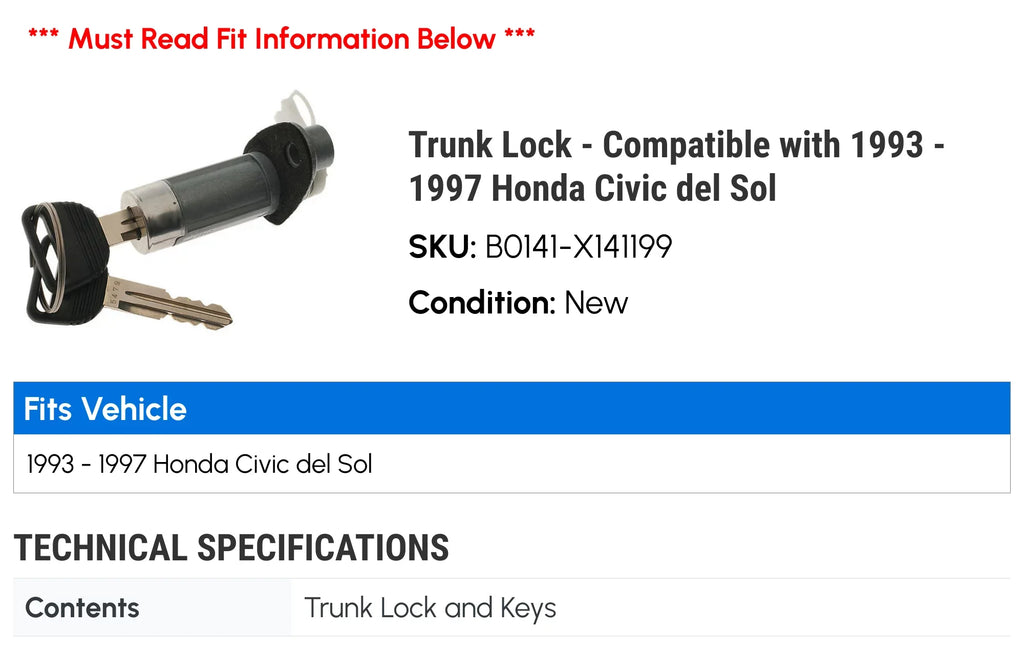 with 1997 Lock 1994 del Civic 1995 Trunk 1993 - Sol - Honda 1996 Compatible