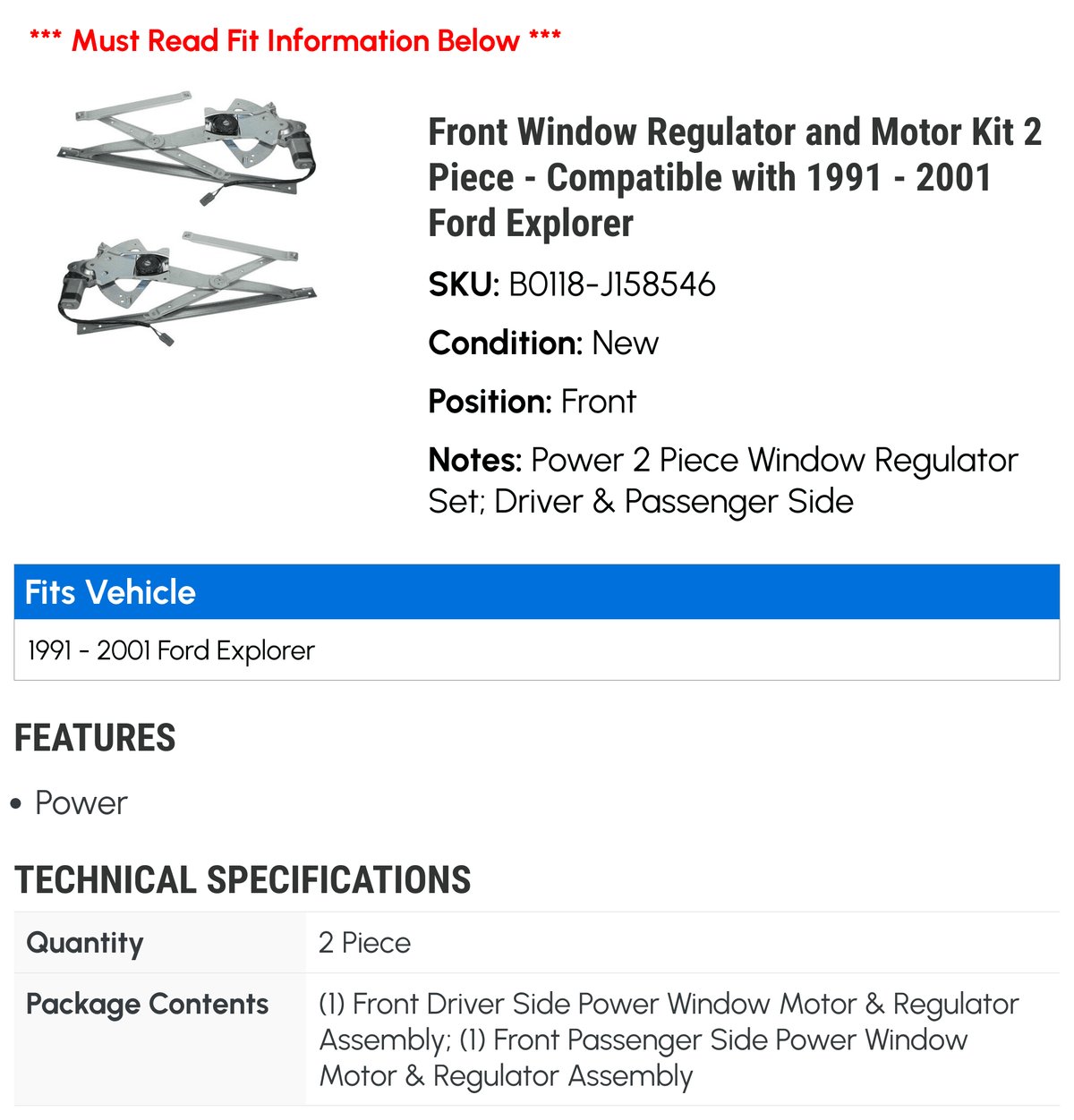 1993 Kit Regulator Window 2 1992 1996 Compatible - 1995 1994 Explorer 1991 Motor - Piece and 1997 1999 with Front Ford 1998 2000 2001