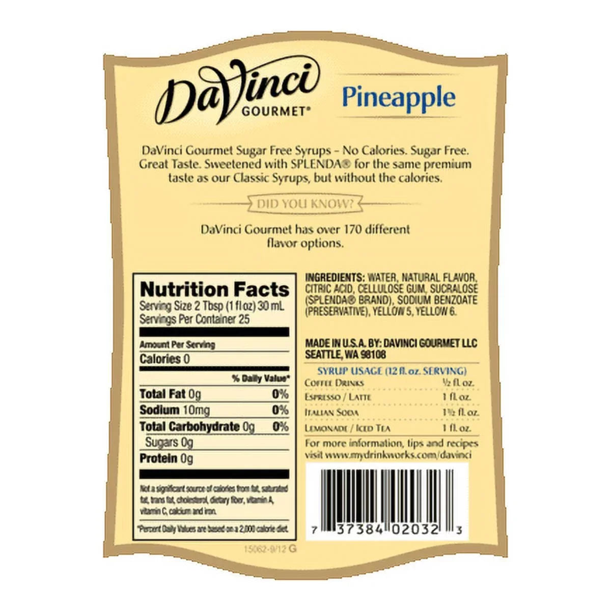 Vinci (Glass) Da 750 Pineapple, Sugar Free mL Syrup,