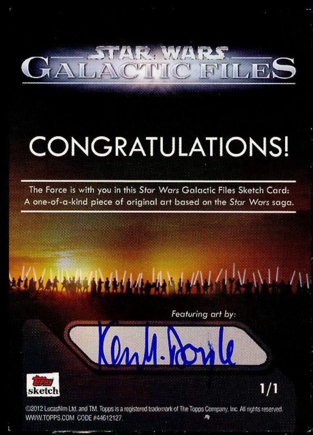 Card Doyle Star Card Files Autograph Wars 2012 Galactic Kevin #1/1 Sketch