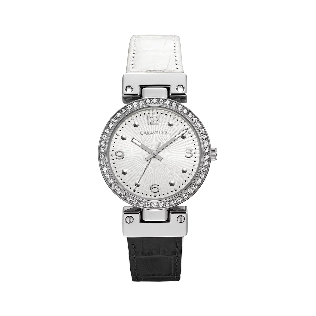 By Watch 43L208 Women's Bulova Leather Caravelle Reversible Designed Black White Strap Classic