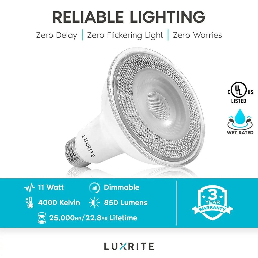 White Cool 6-Pack Rated UL Listed LED Dimmable PAR30 Wet 11W Lumens 4000K Light 850 Base E26 Flood Bulb Luxrite