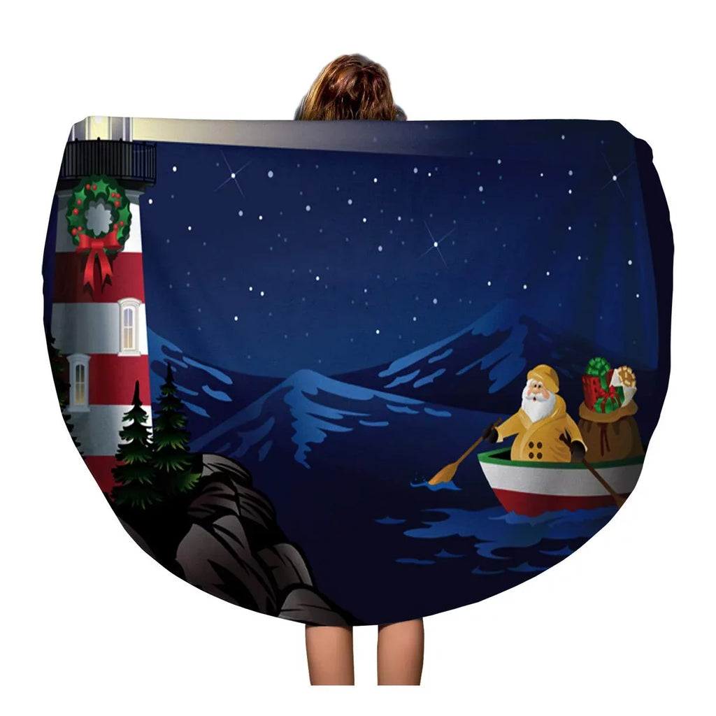 Boat 60 Mat Tapestry Christmas Row Lighthouse Round Travel Beach Towel SIDONKU Circle Blanket to Circular Bringing Rowing Beach Nautical Throw Santa Towels inch