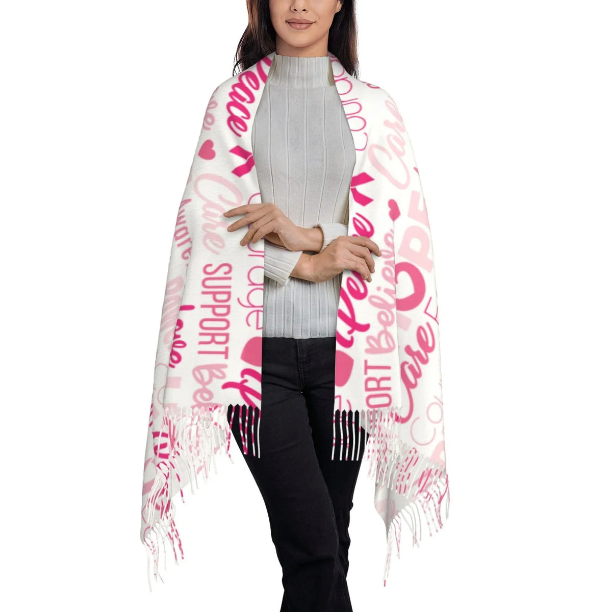 Breast Feel Scarves Pink Winter Print Elegant Soft For Warm Women Gifts- Shawl Bingfone Art Ribbons Wrap Scarf Awareness Cancer Cashmere Large