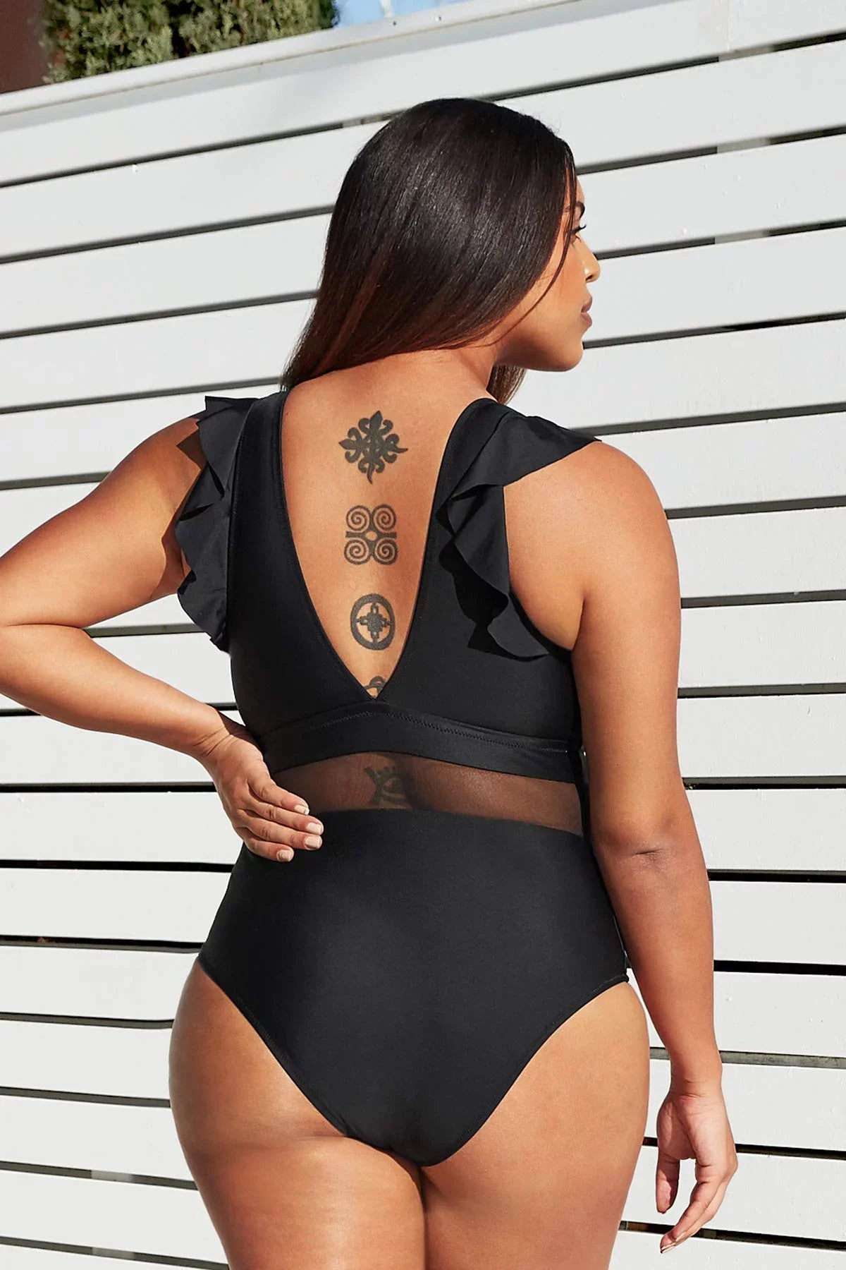 One Plus Bathing Cupshe Ruffle XXXXL Neck Piece Size V Mesh Black Suit, Women's