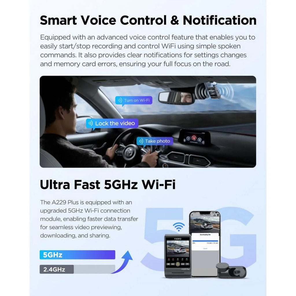 A229 GPS, Dash STARVIS Mode, Max Wi-Fi, 2K/2K Voice 2-Channel Cam 2, 512GB VIOFO QHD Control, Plus with Parking Support