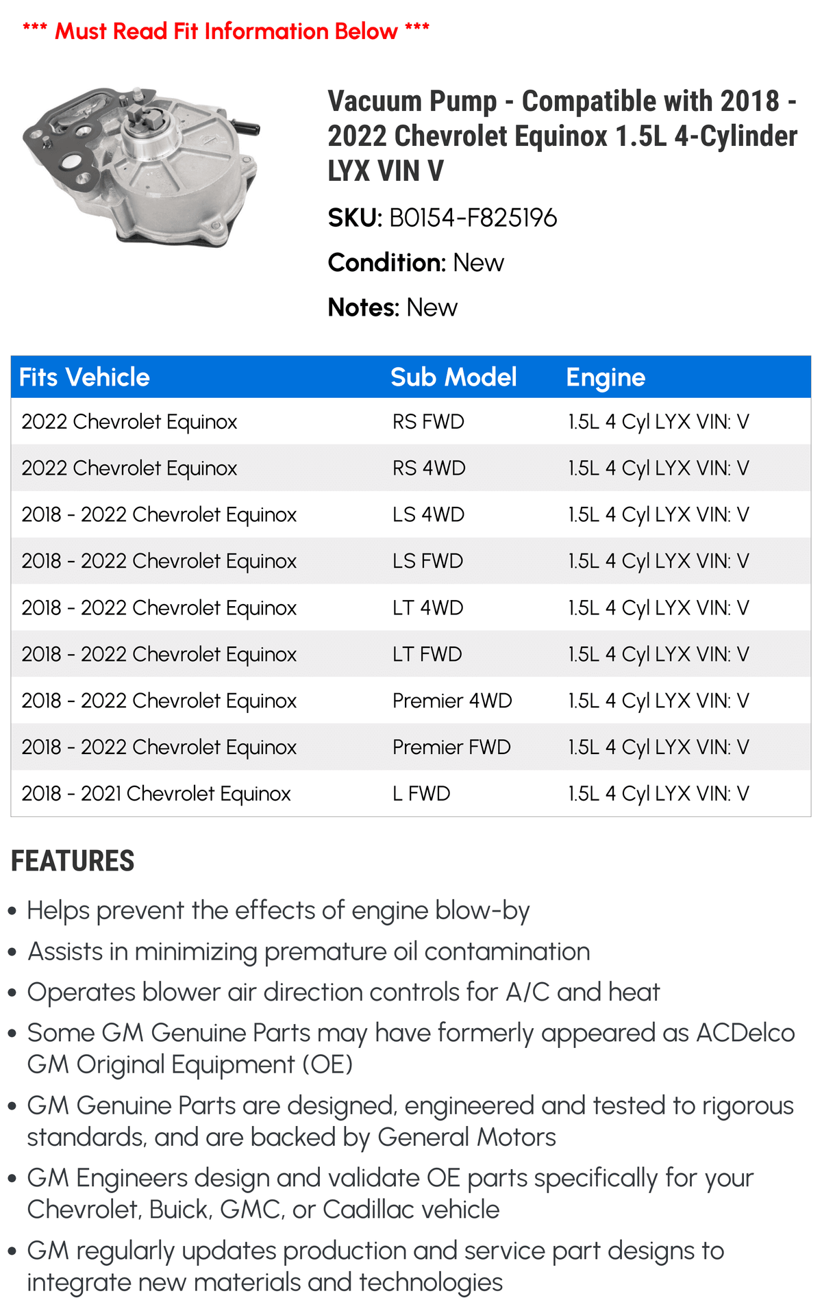 2019 1.5L VIN Chevy 2022 Compatible - Vacuum 4-Cylinder 2018 Equinox V - 2020 with 2021 Pump LYX