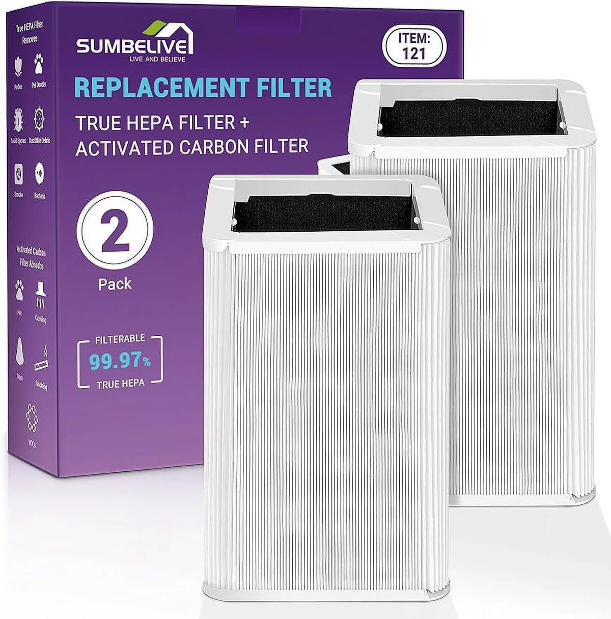Filters 121 Air Purifier, Carbon True and Particle, 121 with Filter Replacement 2 Pack Pure H13 HEPA for Blue Blueair Activated