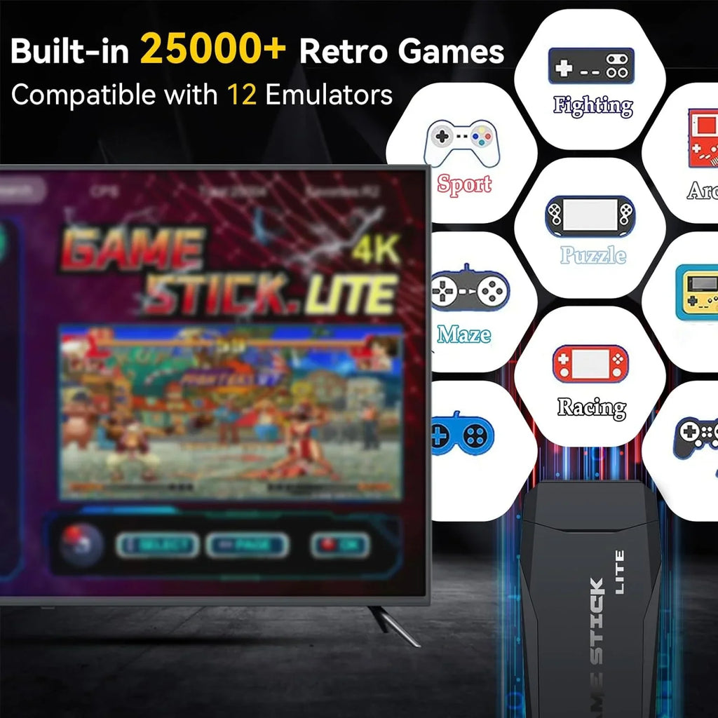 Retro Games, Stick, HD and Play Plug Game TV, Console Video with Console 64G with Emulator Game Output, 4K 12 25000+ Compatible 2.4GHz Controllers Wireless for Retro Stick MAME/PS1/GB, Nostalgia Play