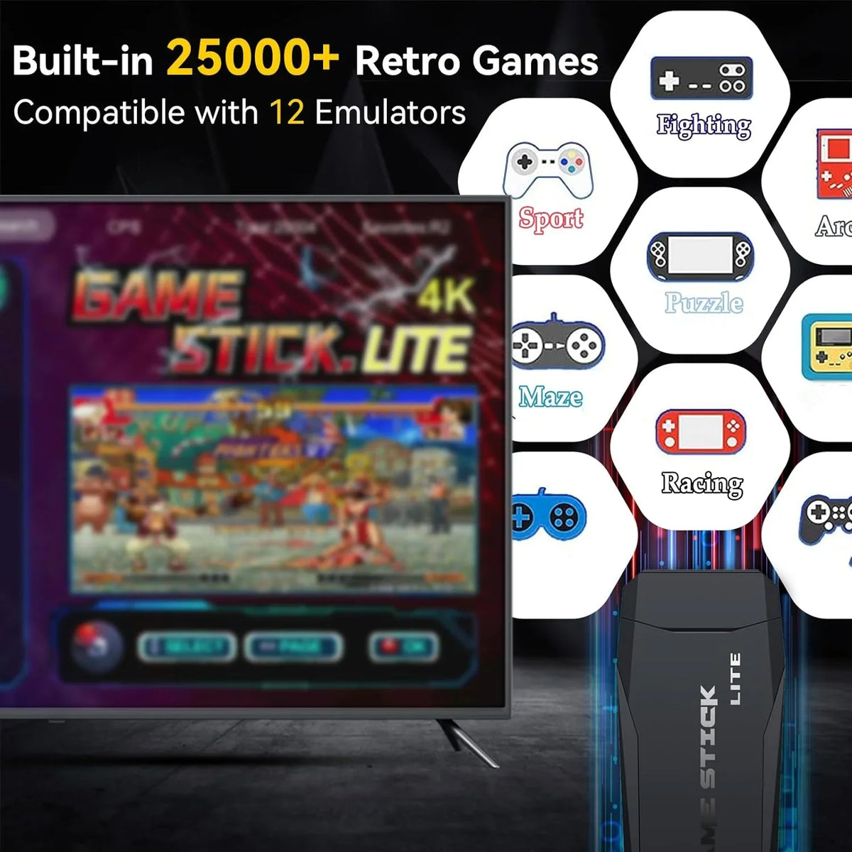 Retro Games, Stick, HD and Play Plug Game TV, Console Video with Console 64G with Emulator Game Output, 4K 12 25000+ Compatible 2.4GHz Controllers Wireless for Retro Stick MAME/PS1/GB, Nostalgia Play