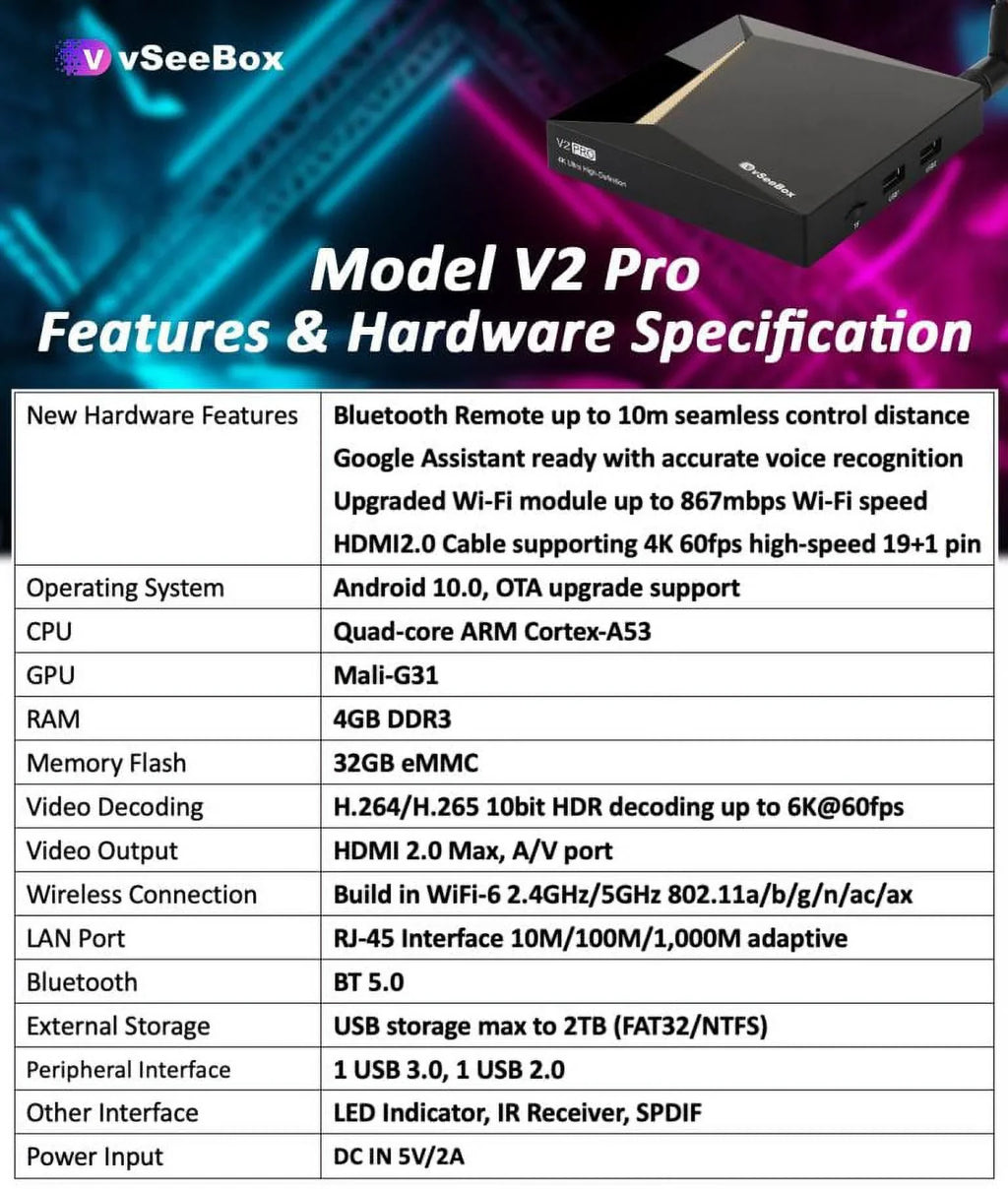 6k 2023 w/Bluetooth V2pro Remote & Upgraded Voice vSeeBox Wi-Fi