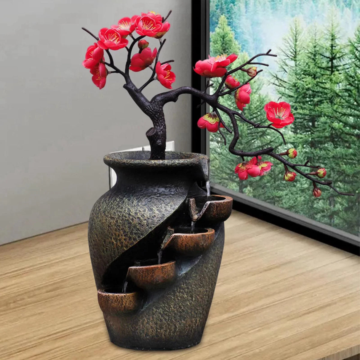 Desk Craft Shui Living Waterfall Gifts Creative Vase Feng Soothing Water Office Relaxation for Fountains Tabletop Fountain room Flower Simulation Garden VaseThree-dimensional Decor