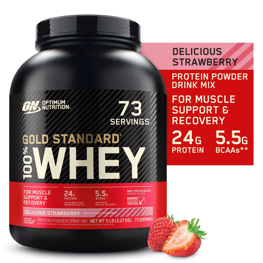 Optimum Strawberry, Protein Powder, Whey Delicious Servings 5 100% lb, 73 Gold Standard Nutrition,