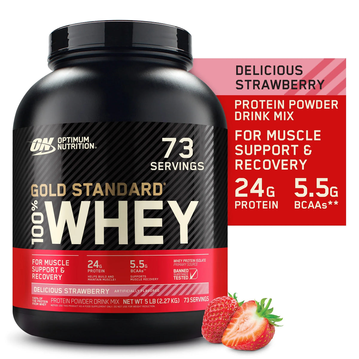 Optimum Strawberry, Protein Powder, Whey Delicious Servings 5 100% lb, 73 Gold Standard Nutrition,